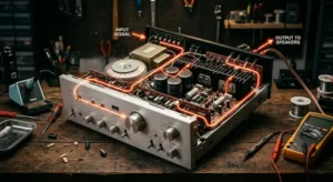 Amplificador de audio vintage abierto mostrando sus circuitos electrónicos